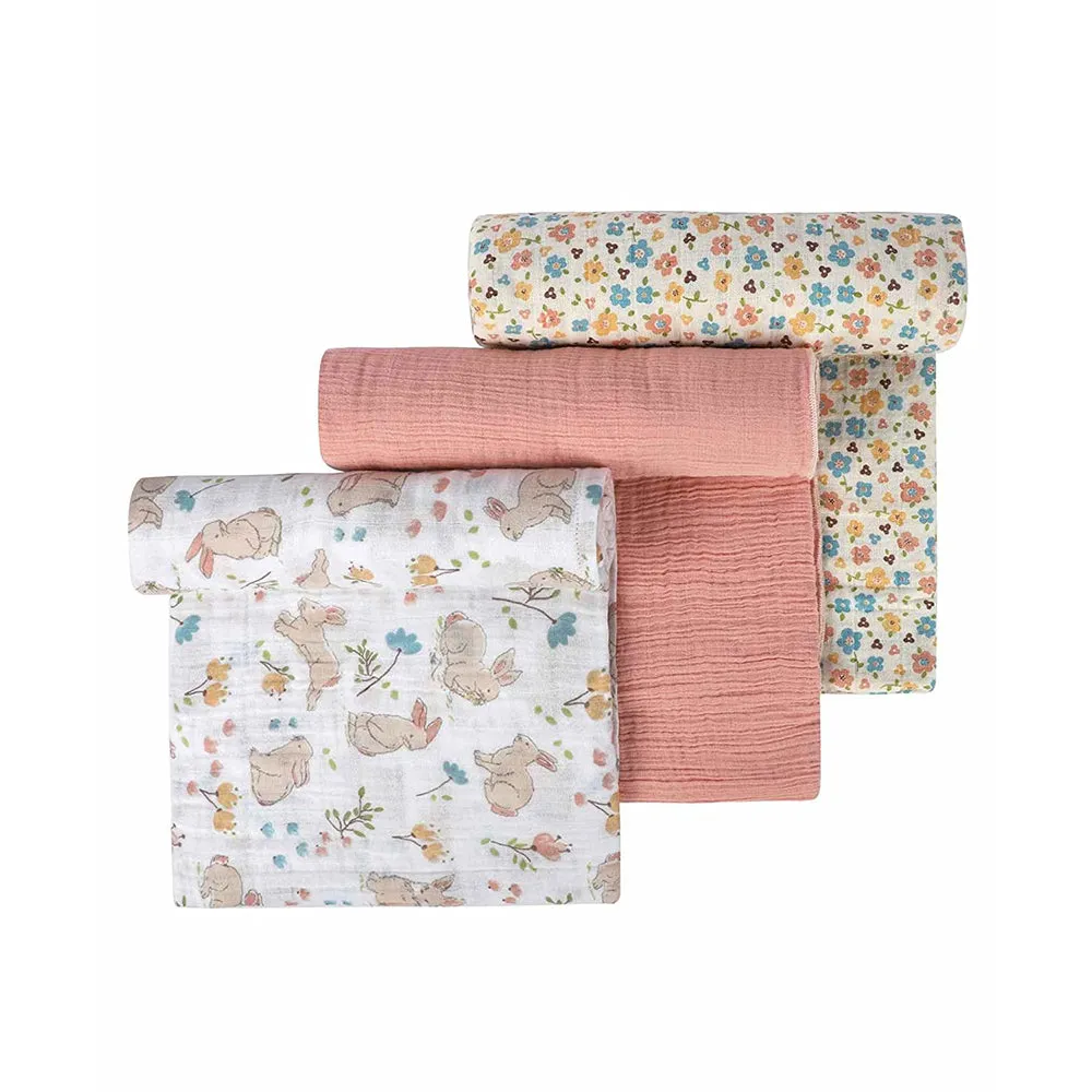 Abracadabra Cotton Muslin Swaddle For Newborns Pack of 3 (Bunny Garden) - Peach