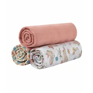 Abracadabra Cotton Muslin Swaddle For Newborns Pack of 3 (Bunny Garden) - Peach