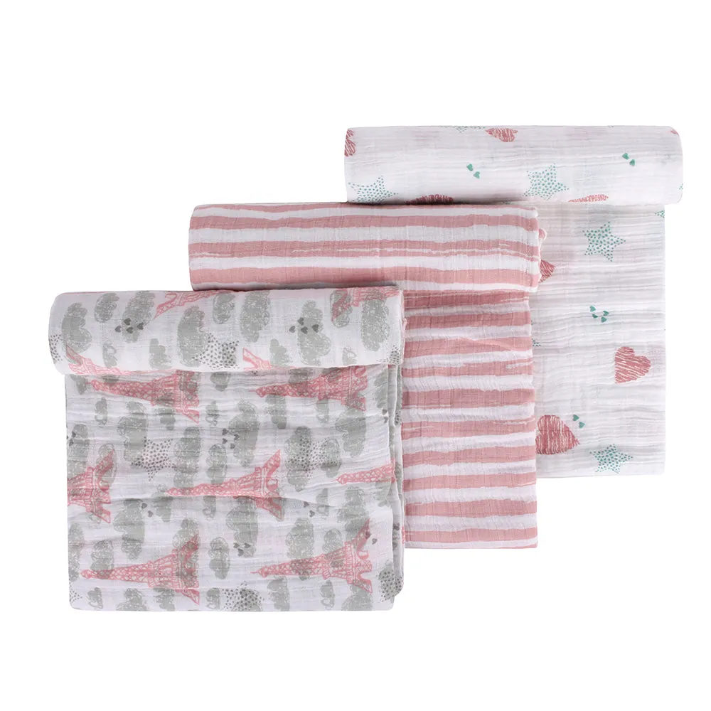 Abracadabra Cotton Muslin Swaddle for Newborns Pack of 3 (Eiffel Tower) - Pink