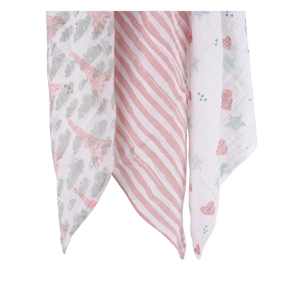 Abracadabra Cotton Muslin Swaddle for Newborns Pack of 3 (Eiffel Tower) - Pink