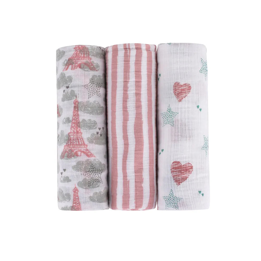 Abracadabra Cotton Muslin Swaddle for Newborns Pack of 3 (Eiffel Tower) - Pink