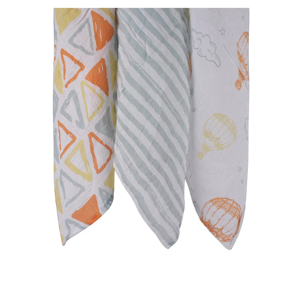 Abracadabra Cotton Muslin Swaddle For Newborns Pack of 3 (Hot Air Balloon) - Multicolor