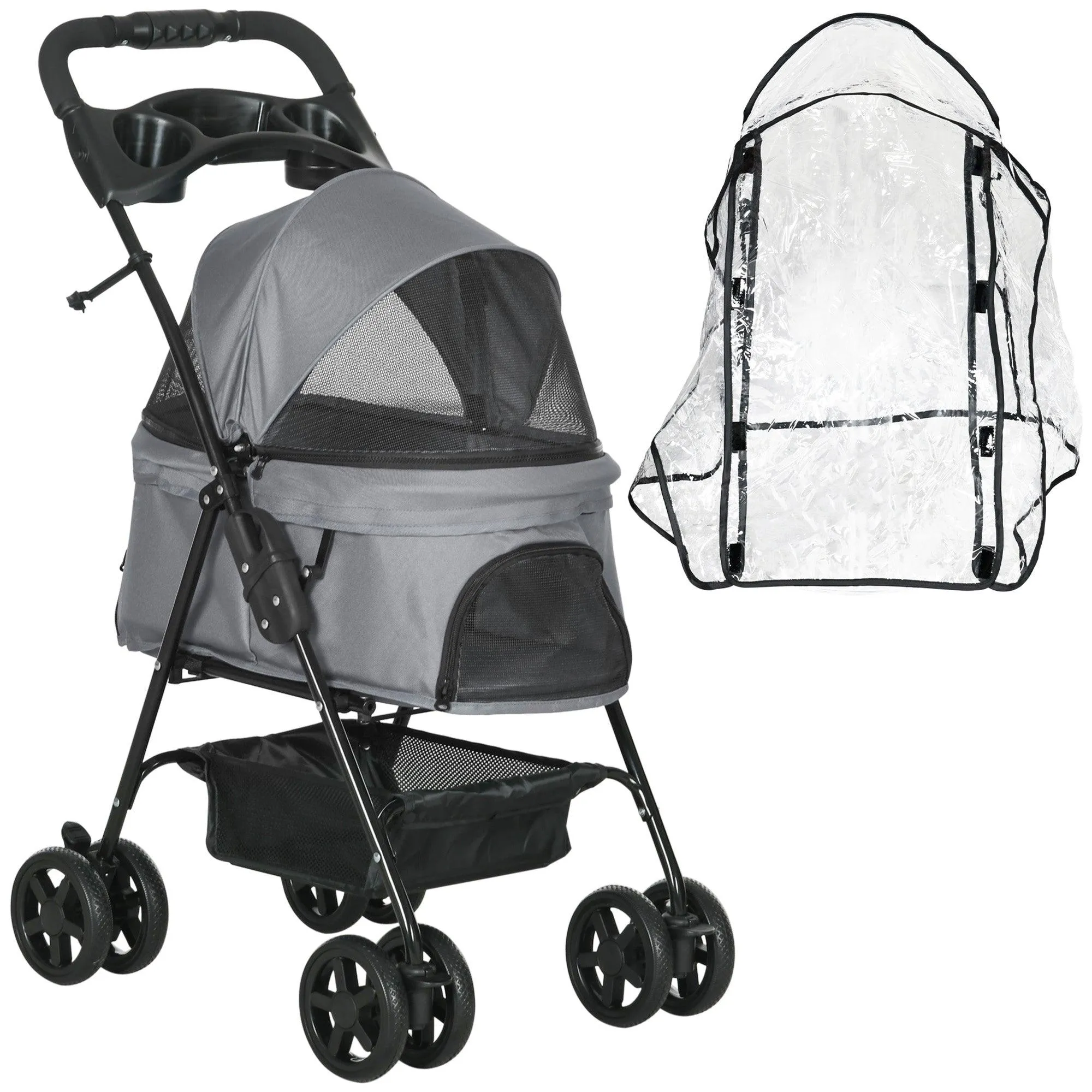 Cat Stroller with Rain Cover and EVA Wheels - Grey