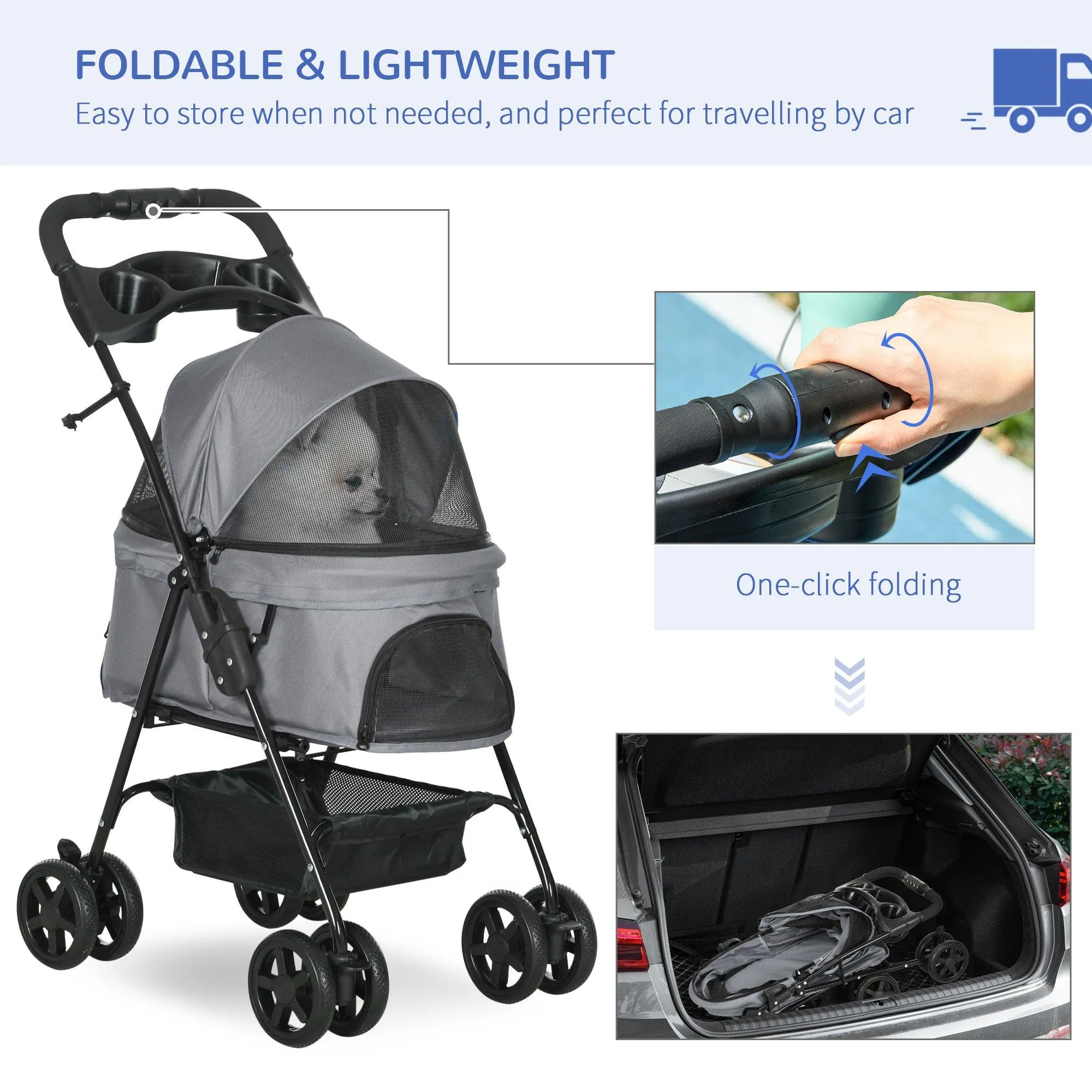 Cat Stroller with Rain Cover and EVA Wheels - Grey