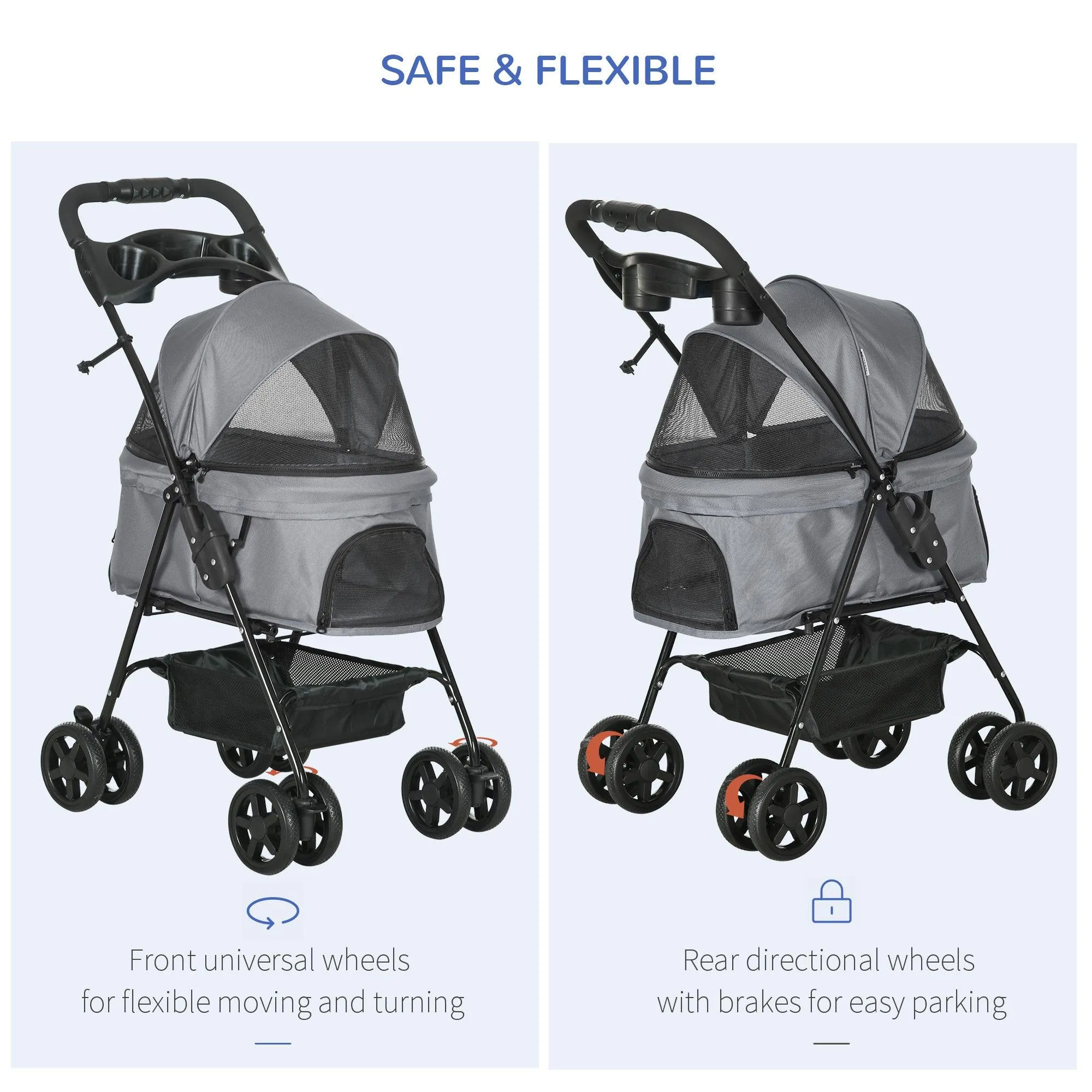 Cat Stroller with Rain Cover and EVA Wheels - Grey