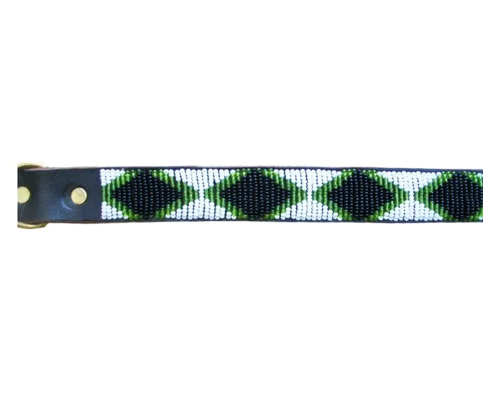 Designer Beaded Leather Dog Collar Nyoka Green Diamonds