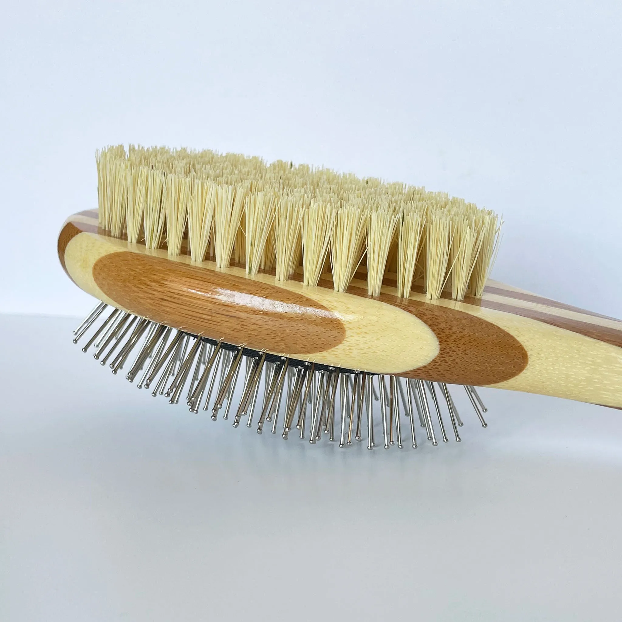 Dog Brush - Two-Sided (Sisal Bristles/Wire Brush), Bamboo Handle