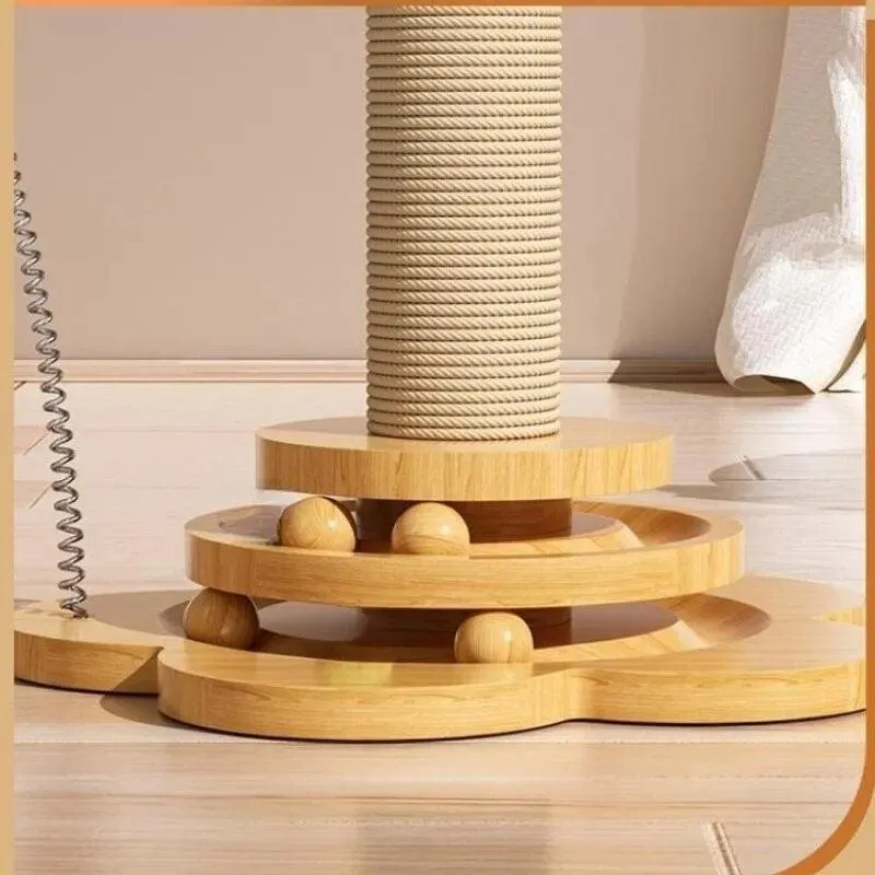 Durable Solid Wood Cat Turntable Toy – Sisal Scratching Board & Funny Stick Balls