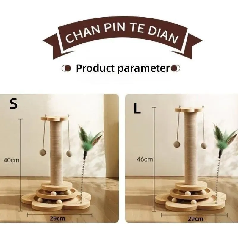Durable Solid Wood Cat Turntable Toy – Sisal Scratching Board & Funny Stick Balls
