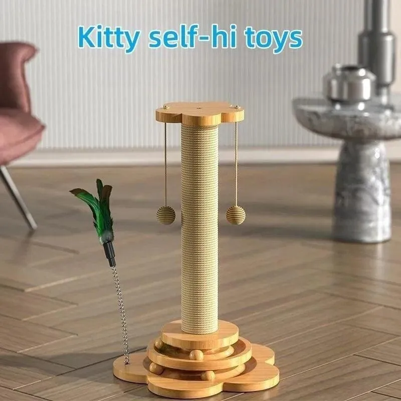 Durable Solid Wood Cat Turntable Toy – Sisal Scratching Board & Funny Stick Balls