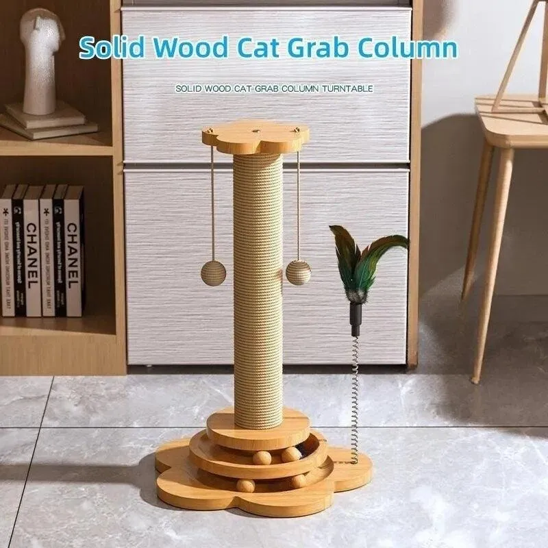Durable Solid Wood Cat Turntable Toy – Sisal Scratching Board & Funny Stick Balls