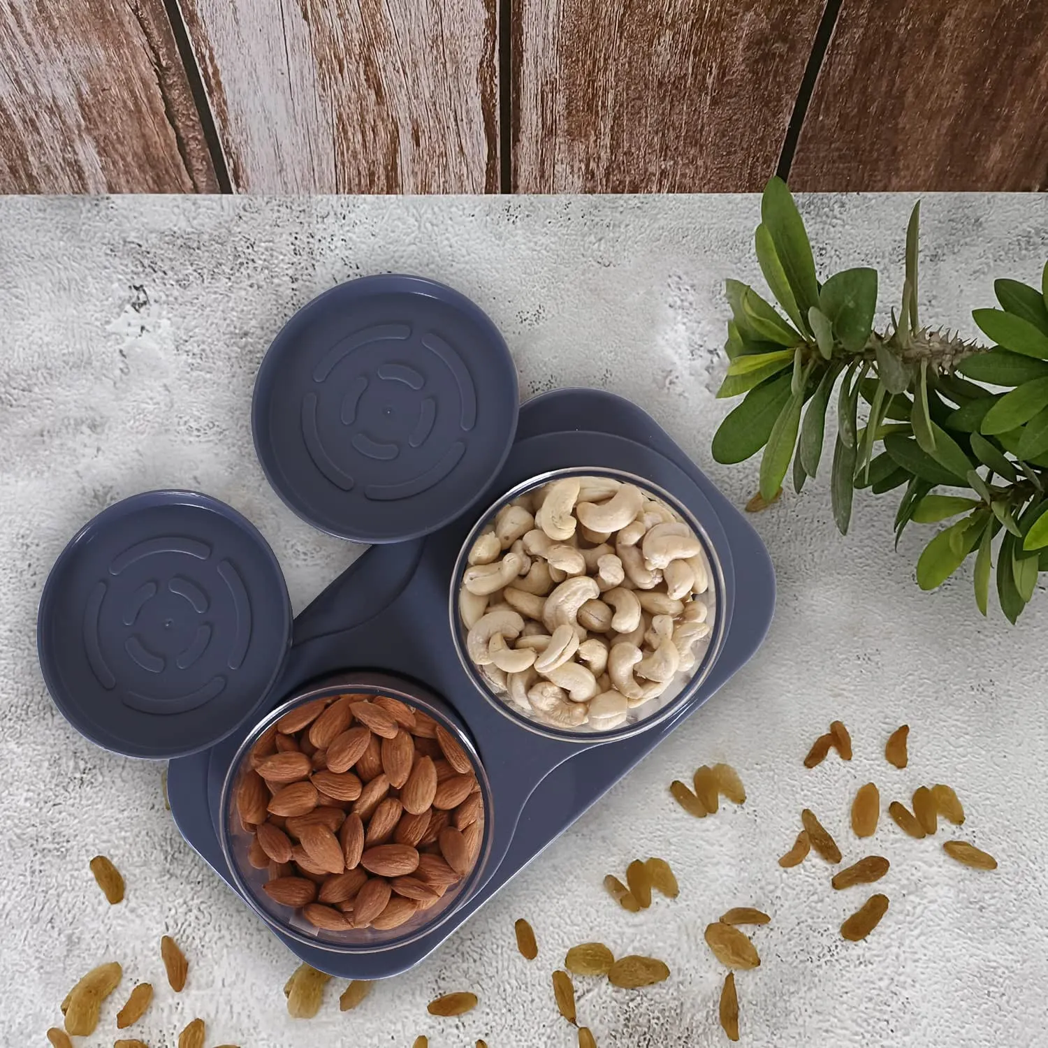 Heart Home 2 Containers & Tray Set|Unbreakable Plastic Snackers,Cookies,Nuts Serving Tray|Airtight Containers with Lid,350 ml (Gray)