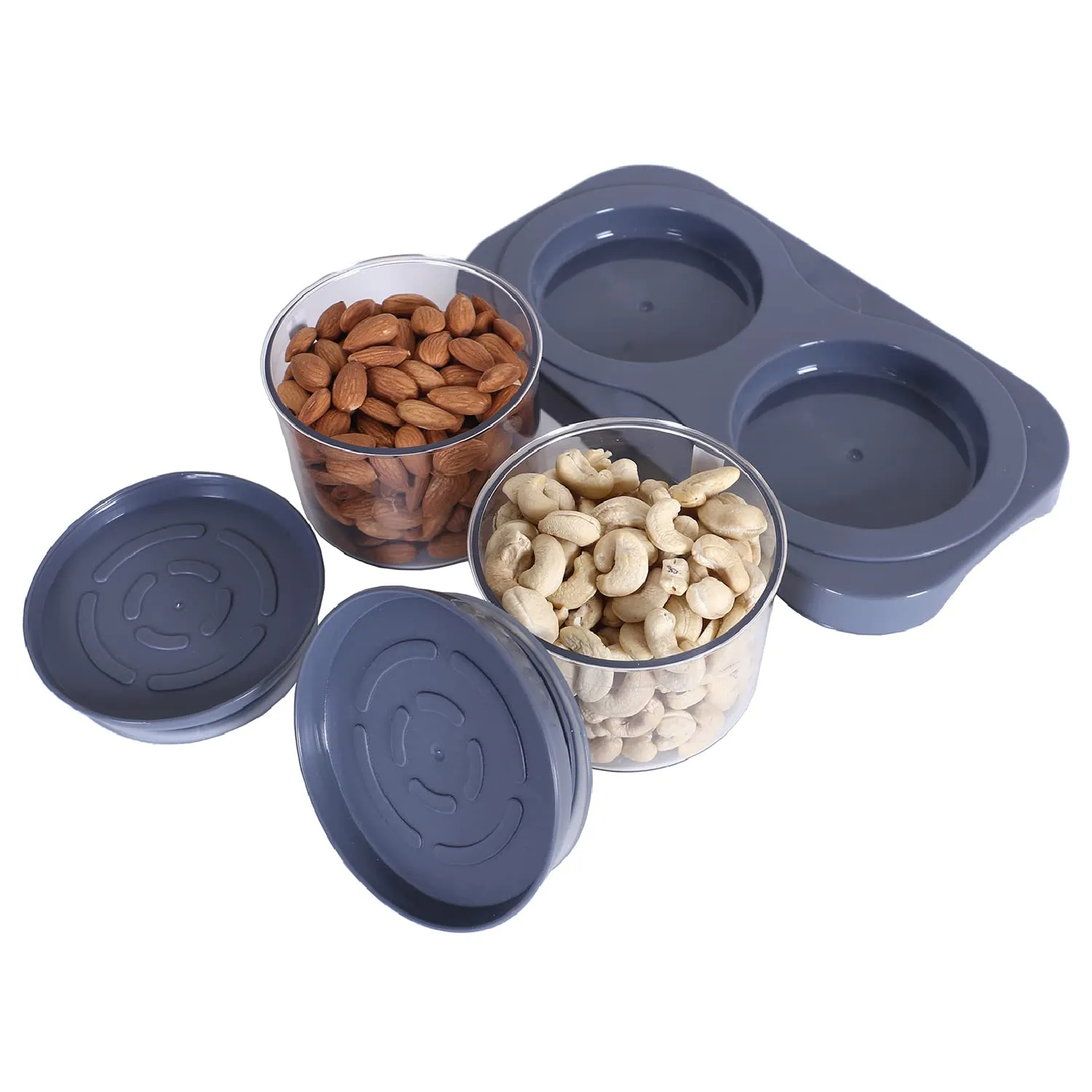 Heart Home 2 Containers & Tray Set|Unbreakable Plastic Snackers,Cookies,Nuts Serving Tray|Airtight Containers with Lid,350 ml (Gray)