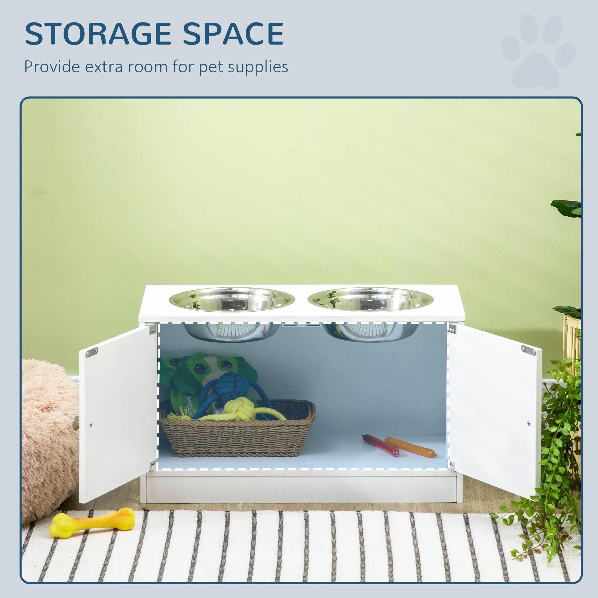 PawHut Raised Dog Bowls for Large Dogs Feeding Station w/ Stand, Storage - White