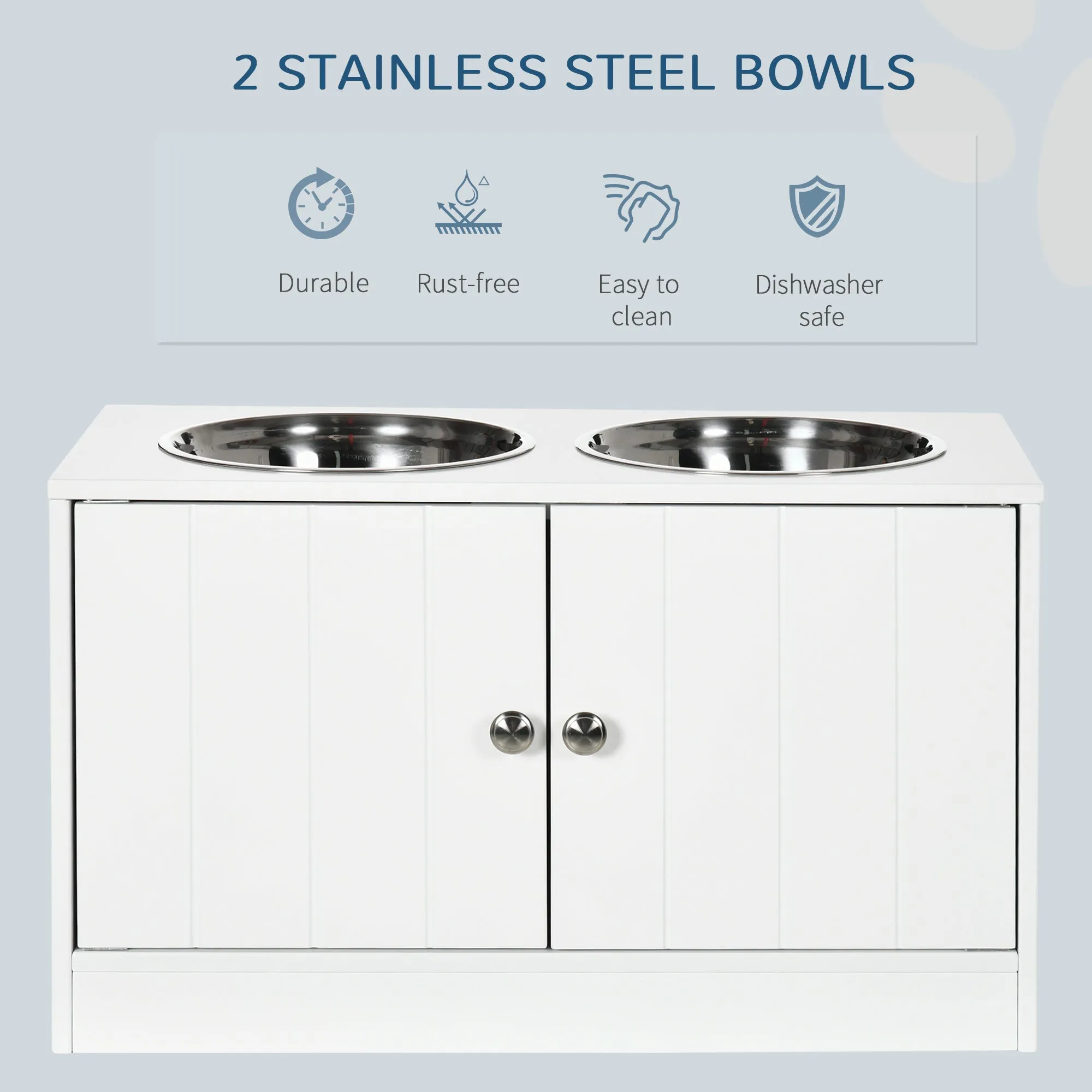 PawHut Raised Dog Bowls for Large Dogs Feeding Station w/ Stand, Storage - White