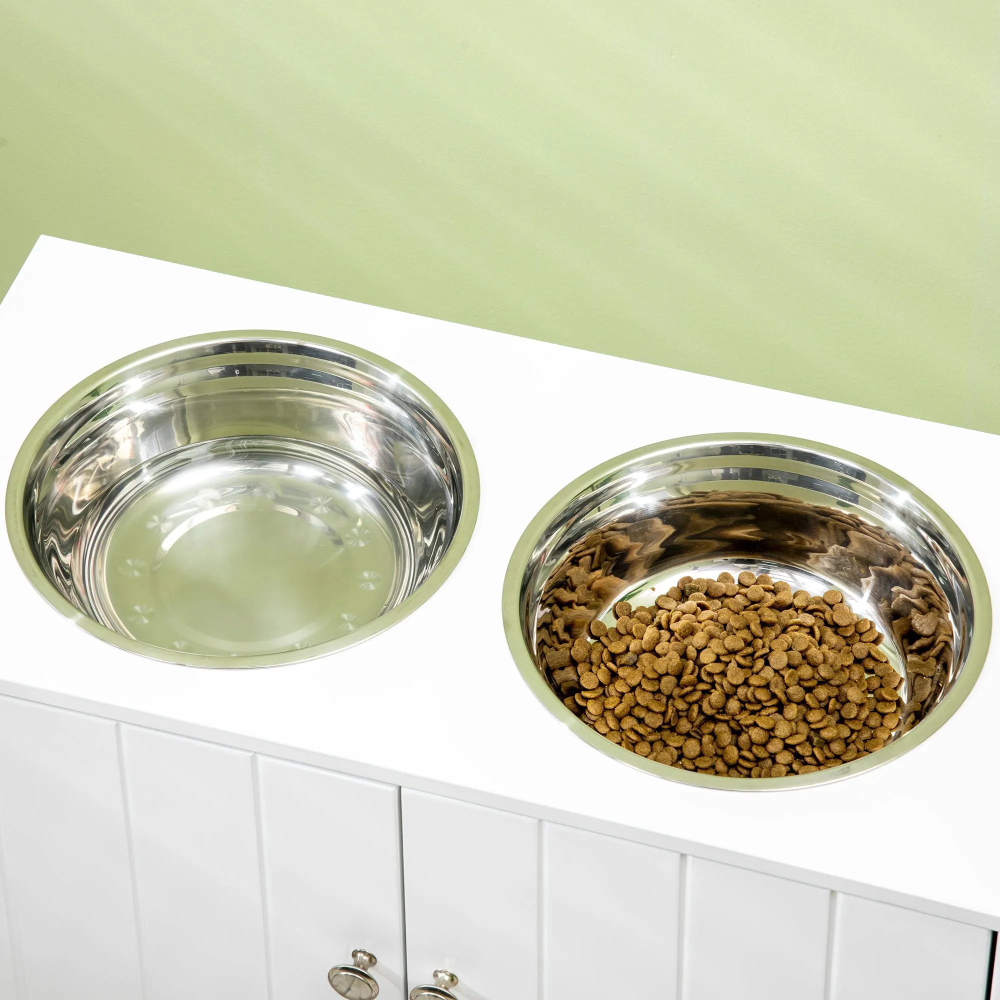 PawHut Raised Dog Bowls for Large Dogs Feeding Station w/ Stand, Storage - White