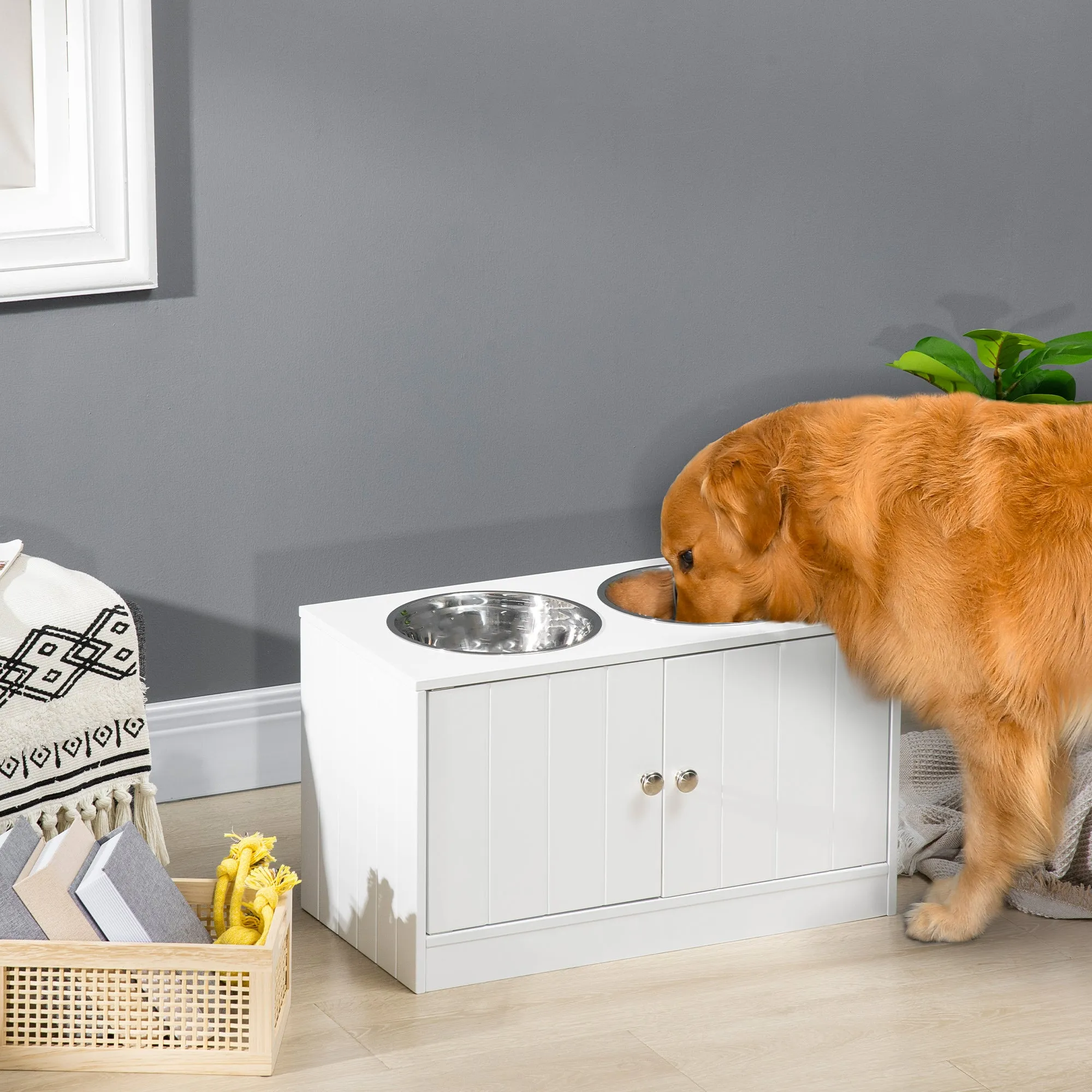 PawHut Raised Dog Bowls for Large Dogs Feeding Station w/ Stand, Storage - White